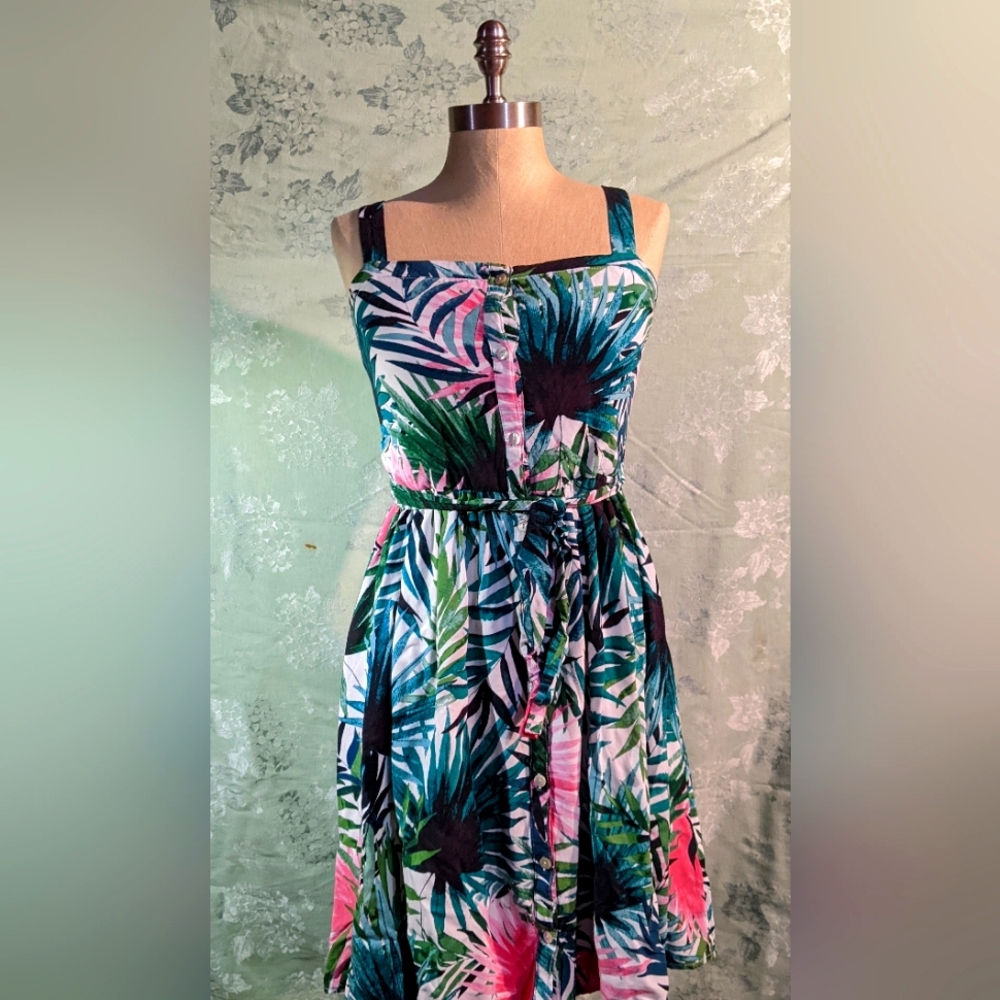 GB girls strappy half button front palm printed self belt dress XL
